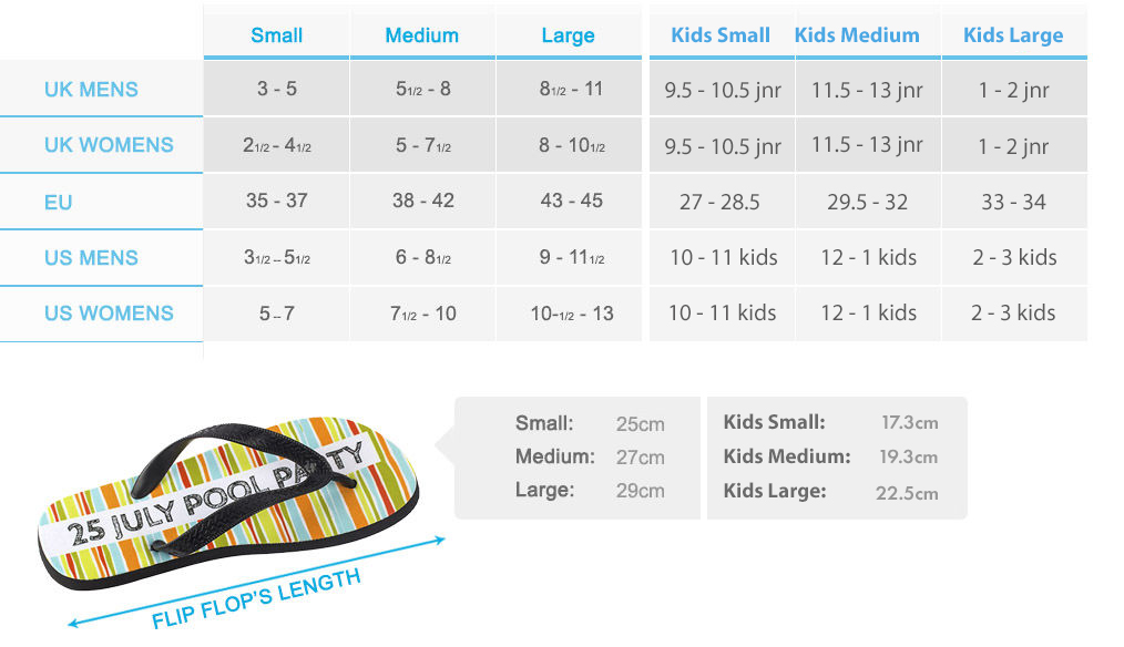 personalised flip flops size chart - Bags of Love